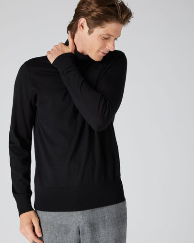 N.Peal Men's Fine Gauge Cashmere Roll Neck Jumper Black