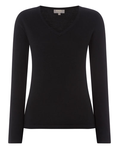 N.Peal Women's Superfine V Neck Cashmere Jumper Black