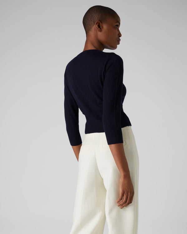 N.Peal Women's Darcie Superfine Cashmere Cropped Cardigan Navy Blue