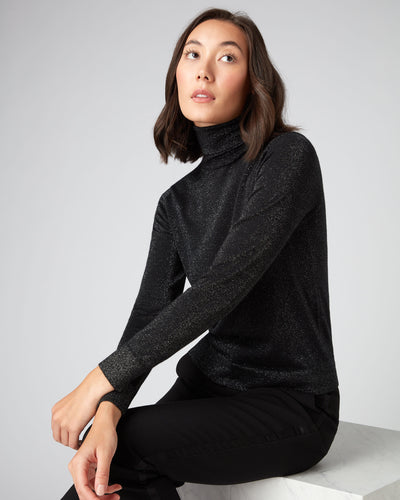 N.Peal Women's Superfine Roll Neck Cashmere Jumper With Lurex Black Sparkle