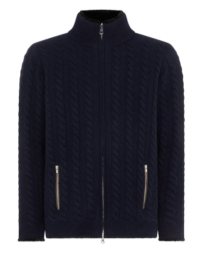 N.Peal Men's Fur Lined Cable Cardigan Navy Blue