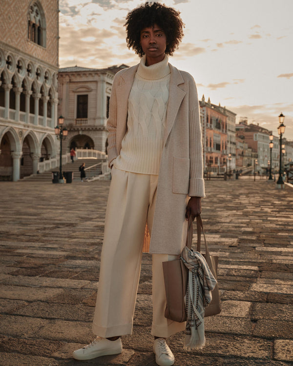 N.Peal Women's Cable Back Cashmere Coat Ecru White