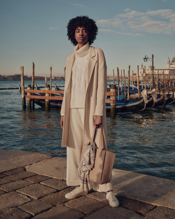 N.Peal Women's Cable Back Cashmere Coat Ecru White