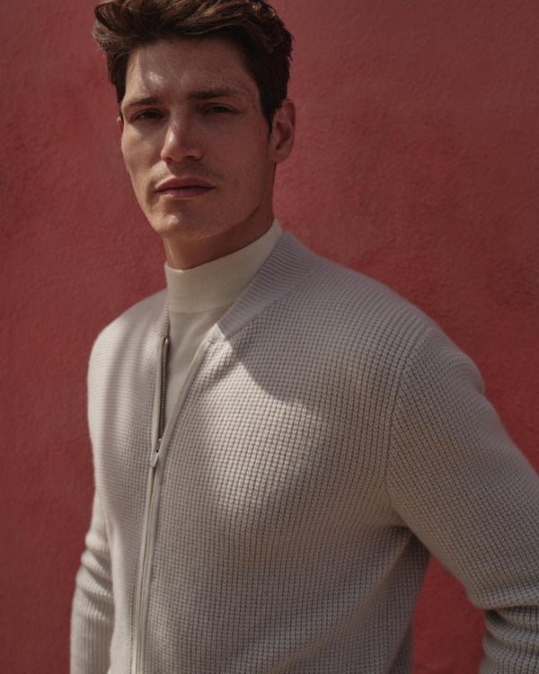 N.Peal Men's Textured Full Zip Cashmere Jumper Snow Grey