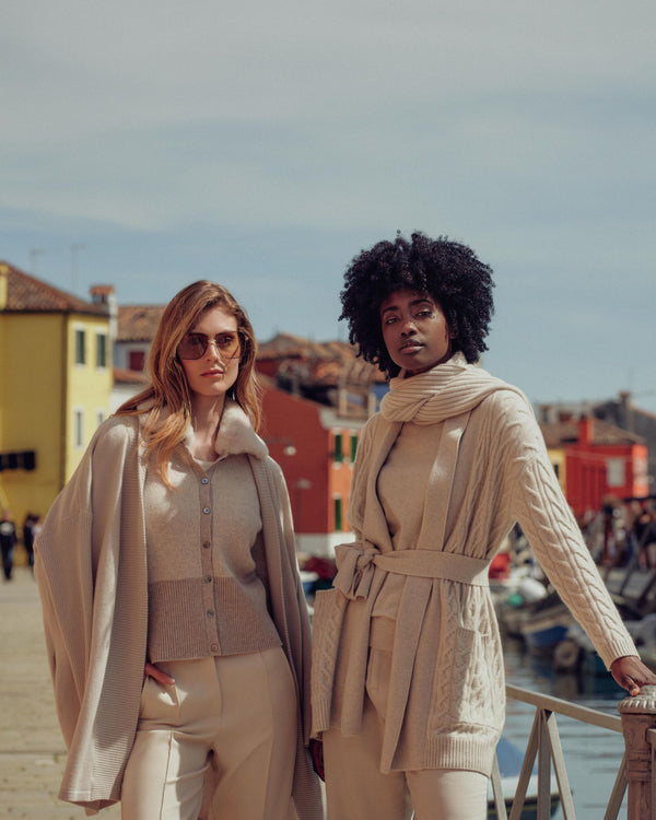 N.Peal Women's Herringbone Cashmere Cardigan Sand Brown