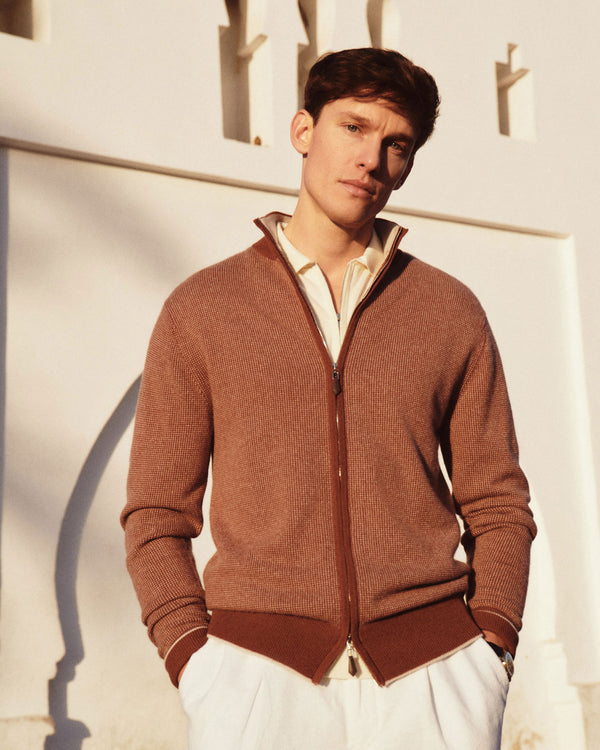 N.Peal Men's Knightsbridge Birdseye Full Zip Cashmere Jumper Terracotta Brown