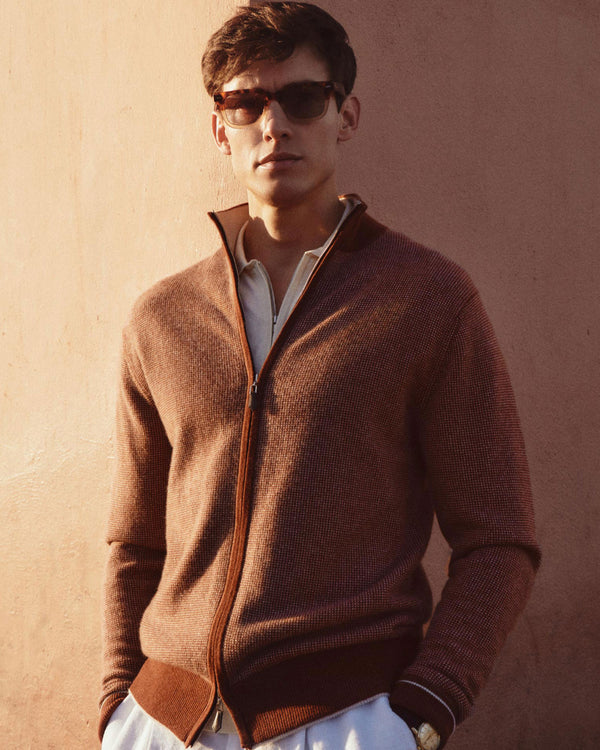 N.Peal Men's Knightsbridge Birdseye Full Zip Cashmere Jumper Terracotta Brown