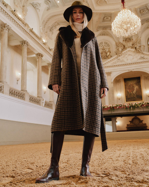 N.Peal Women's Dogtooth Fur Trim Coat Brown