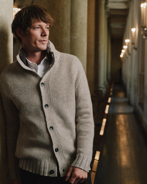 N.Peal Men's Button Through Cashmere Cardigan With Fur Basilica Beige Brown