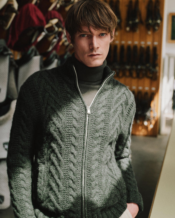 N.Peal Men's Cable Full Zip Cashmere Jumper Green Melange