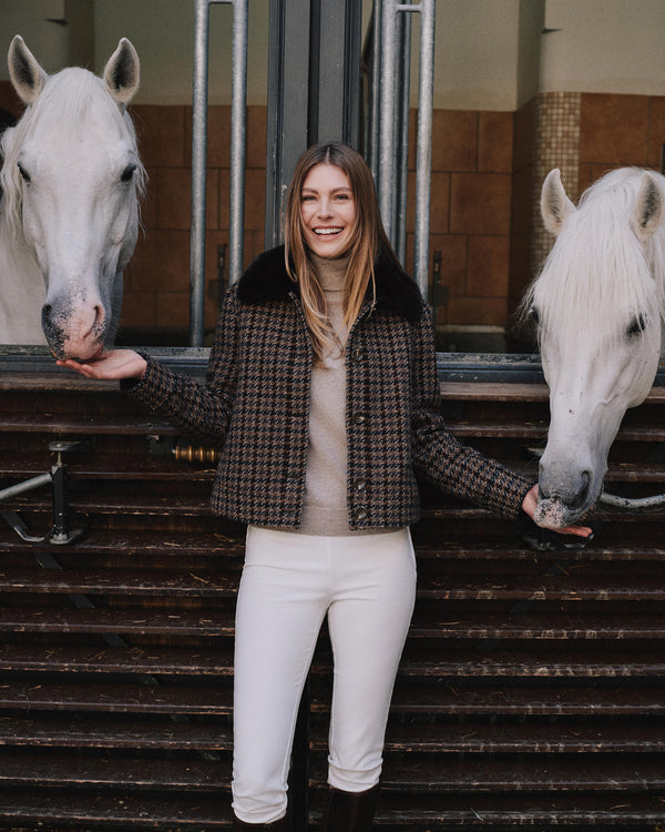 N.Peal Women's Dogtooth Fur Trim Jacket Brown