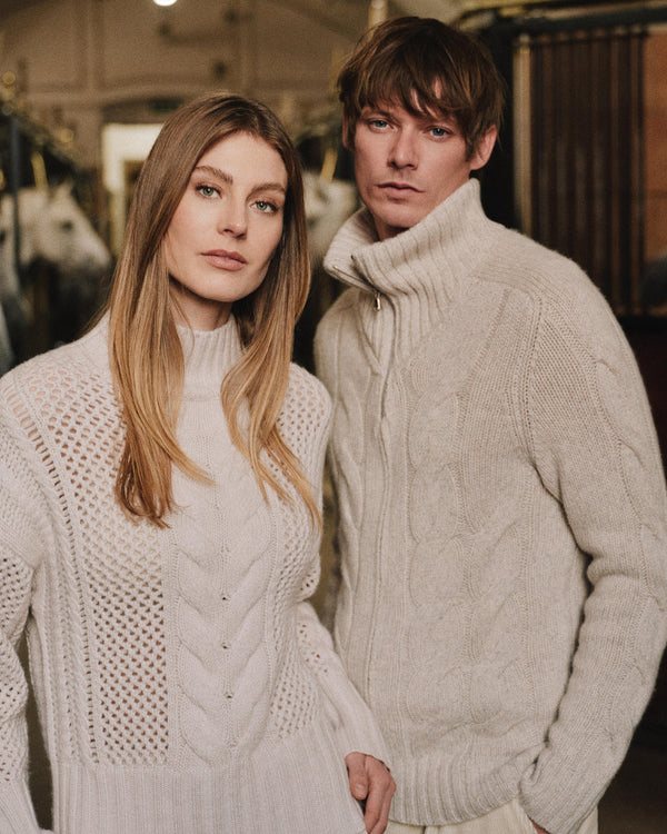 N.Peal Women's Mock Neck Cable Cashmere Jumper Frost White