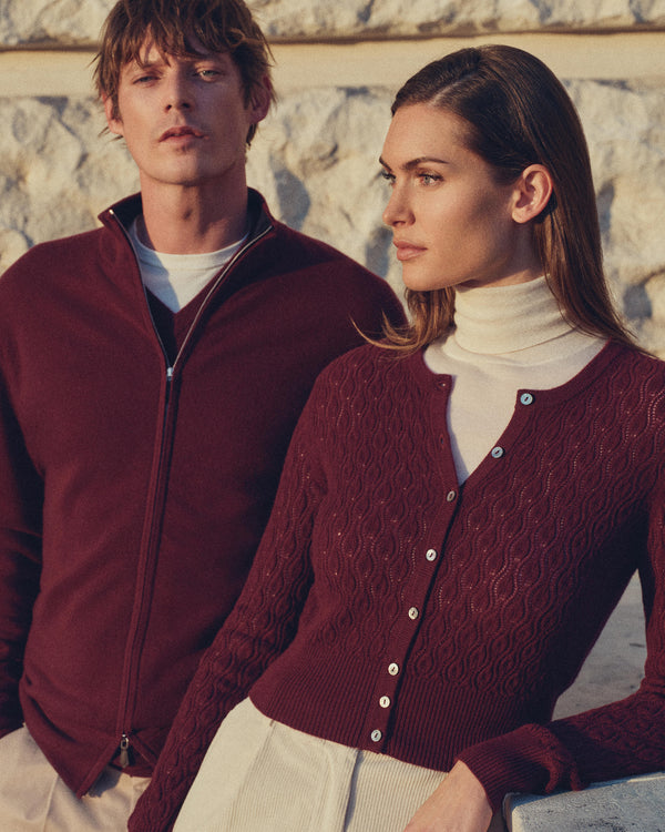 N.Peal Women's Lace Stitch Cashmere Cardigan Bordeaux Red