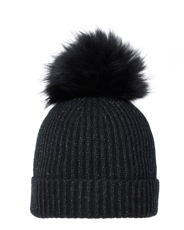 Women's Ribbed Cashmere Hat With Detachable Pom Black Sparkle | N.Peal
