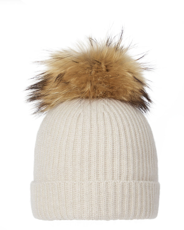 Women's Ribbed Cashmere Hat With Detachable Pom Ecru White Sparkle | N.Peal
