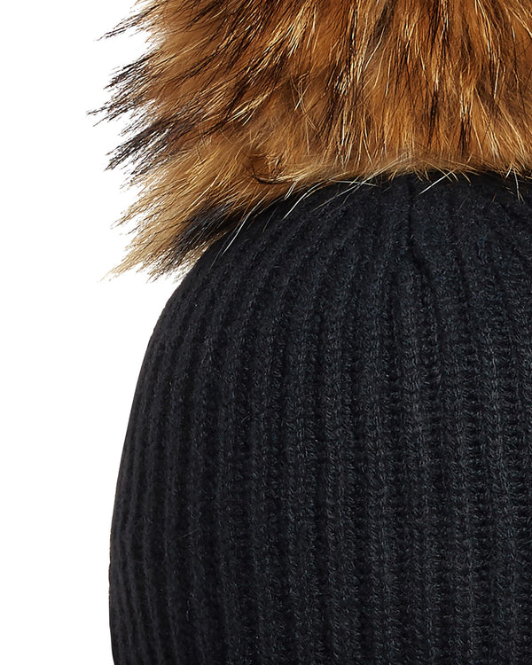 N.Peal Unisex Ribbed Cashmere Hat With Detachable Pom Black