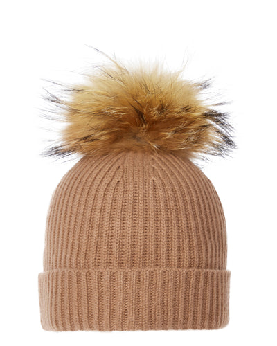 N.Peal Unisex Ribbed Cashmere Hat With Detachable Pom Dark Camel Brown