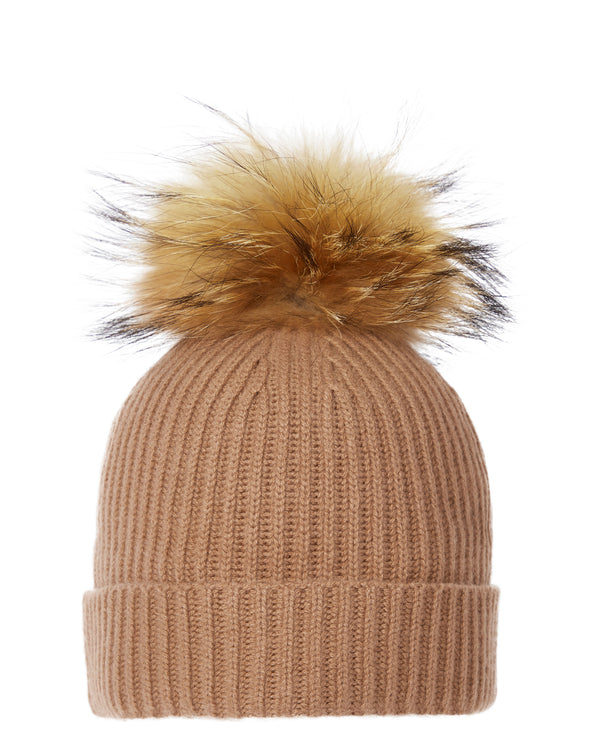 Unisex Ribbed Cashmere Hat With Detachable Pom Dark Camel Brown | N.Peal
