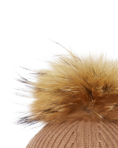 N.Peal Unisex Ribbed Cashmere Hat With Detachable Pom Dark Camel Brown