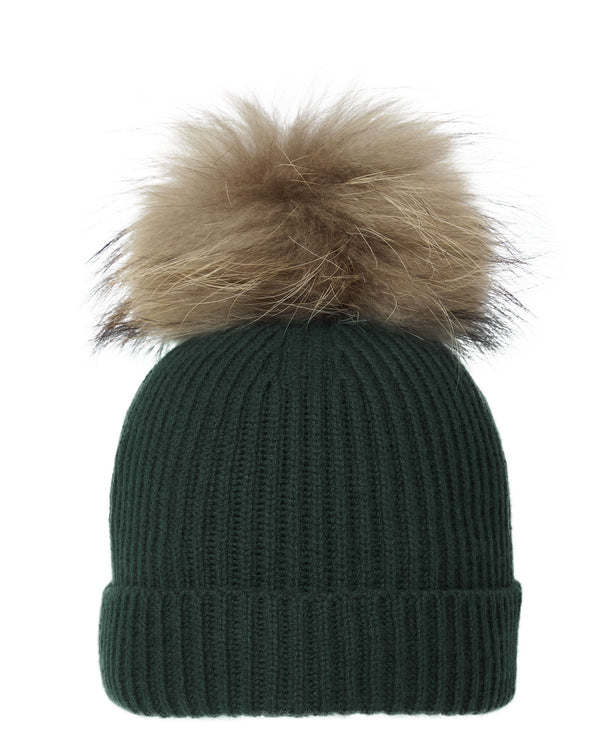 N.Peal Unisex Ribbed Cashmere Hat With Detachable Pom Dark Green