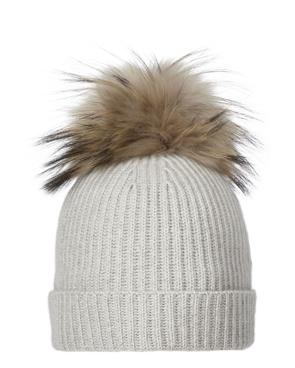 N.Peal Unisex Ribbed Cashmere Hat With Detachable Pom Pebble Grey