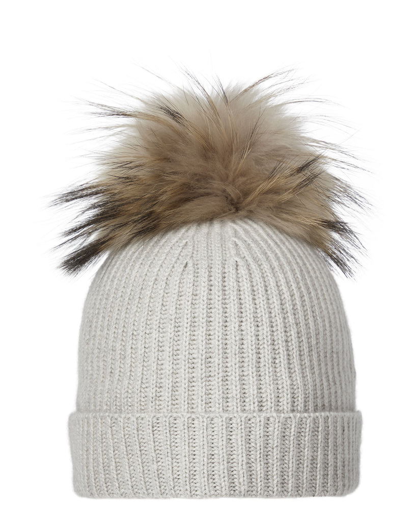 Unisex Ribbed Cashmere Hat With Detachable Pom Pebble Grey | N.Peal