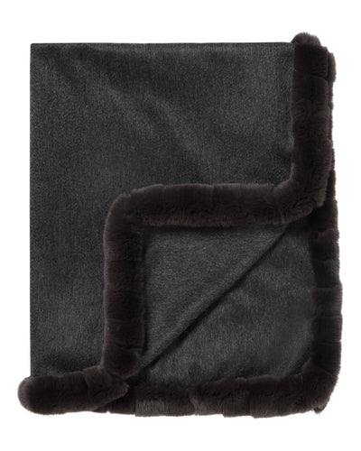 N.Peal Women's Fur Trim Woven Cashmere Shawl Dark Charcoal Grey