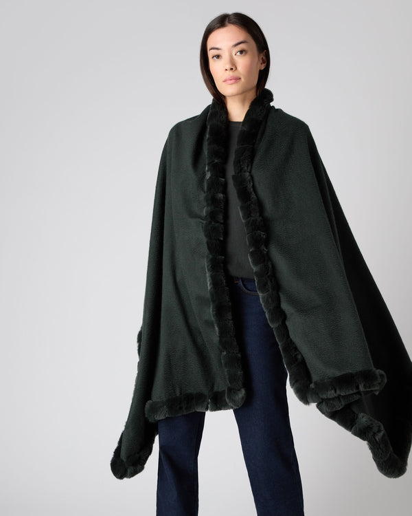 N.Peal Women's Fur Trim Woven Cashmere Shawl Dark Green