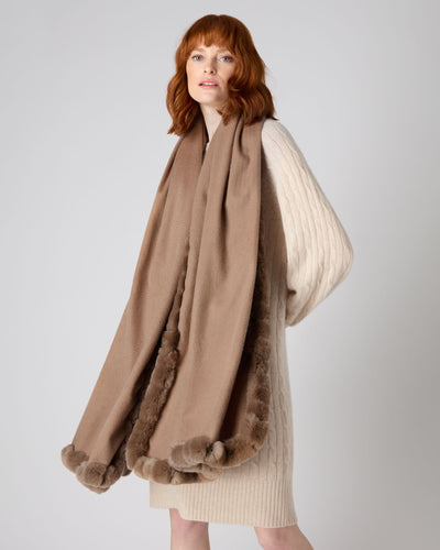 N.Peal Women's Fur Trim Woven Cashmere Shawl Dark Tan Brown