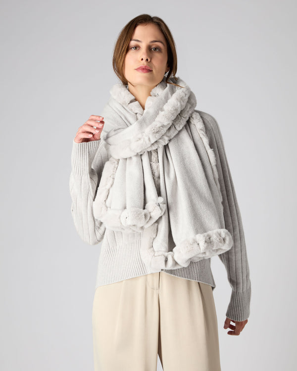 N.Peal Women's Fur Trim Woven Cashmere Shawl Pebble Grey
