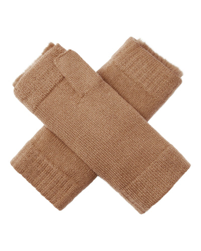 N.Peal Unisex Fur Lined Fingerless Cashmere Gloves Dark Camel Brown