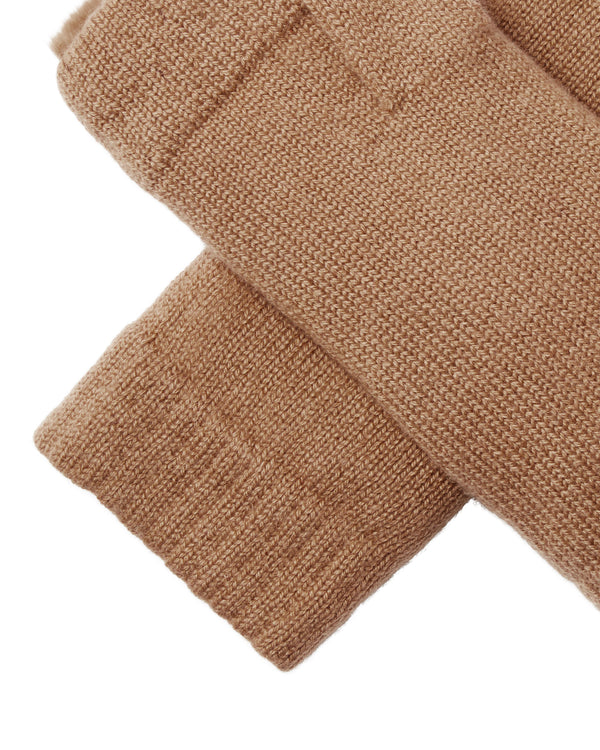 N.Peal Unisex Fur Lined Fingerless Cashmere Gloves Dark Camel Brown