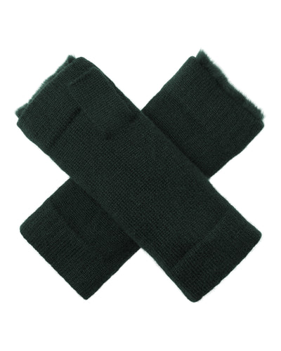 N.Peal Unisex Fur Lined Fingerless Cashmere Gloves Dark Green