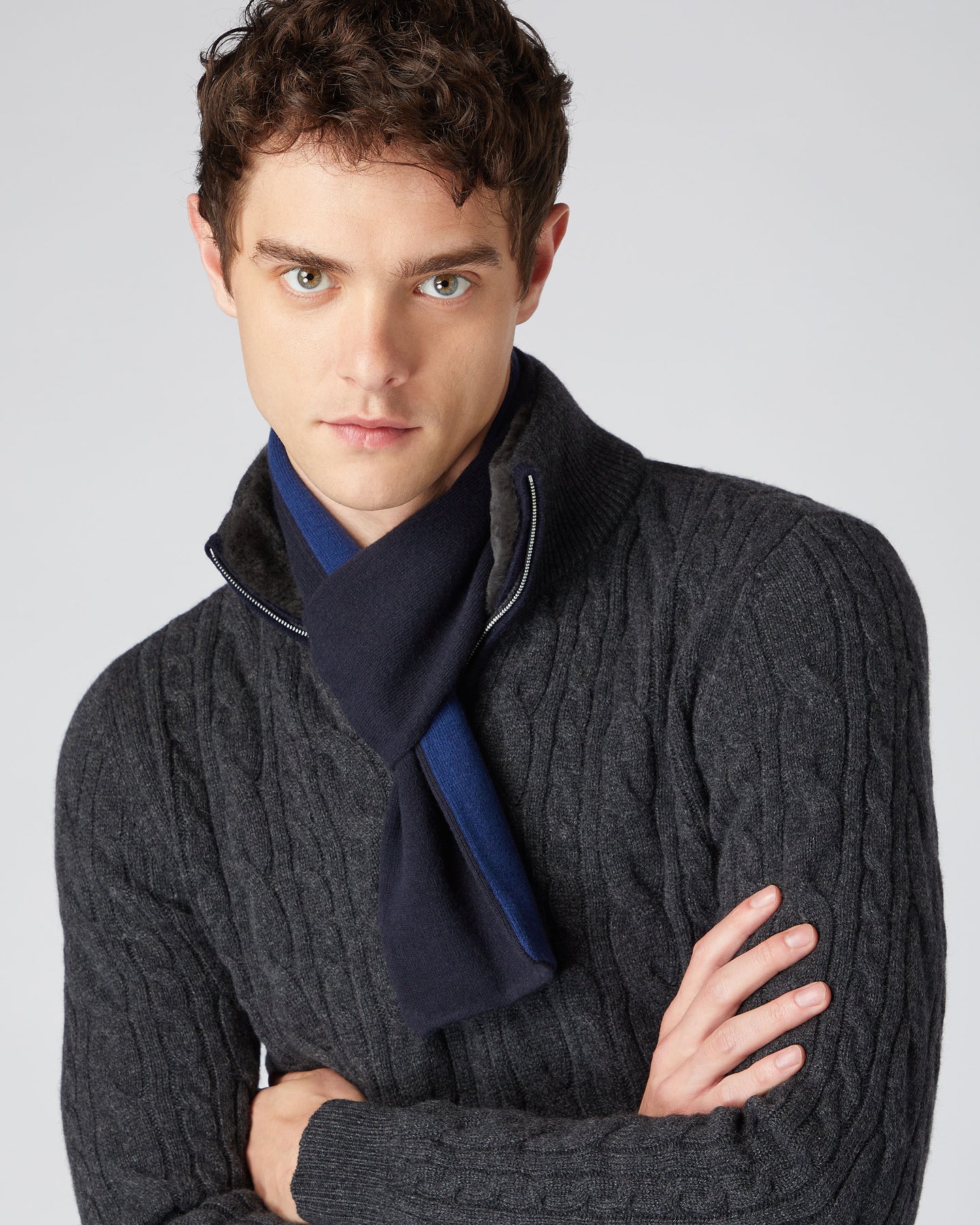 Men's Two Tone Small Cashmere Scarf Navy Blue + French Blue N.Peal