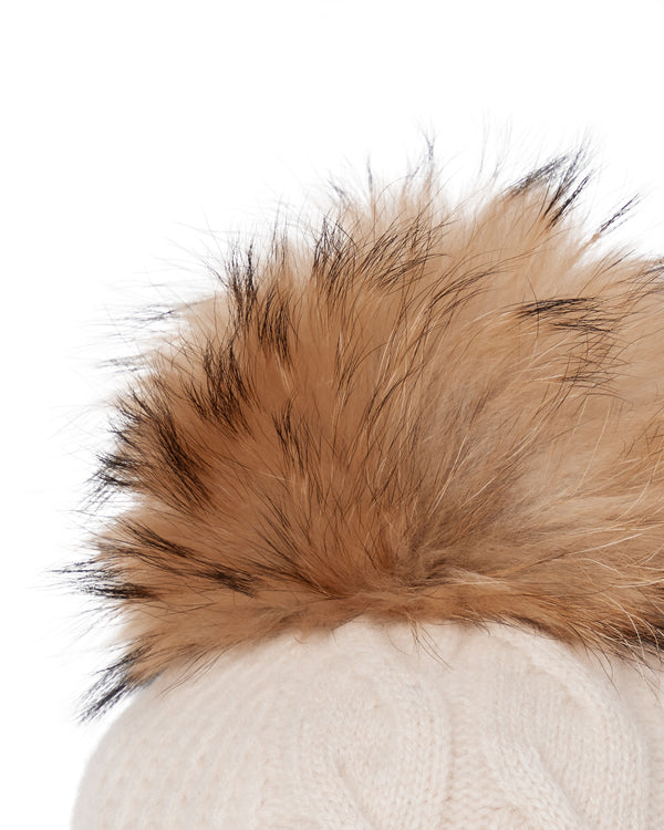 N.Peal Women's Cable Cashmere Hat With Fur Pom Heather Beige Brown