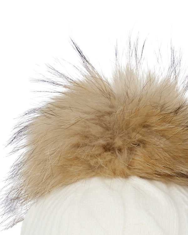 N.Peal Women's Cable Cashmere Hat With Fur Pom New Ivory White