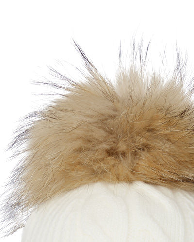N.Peal Women's Cable Cashmere Hat With Fur Pom New Ivory White