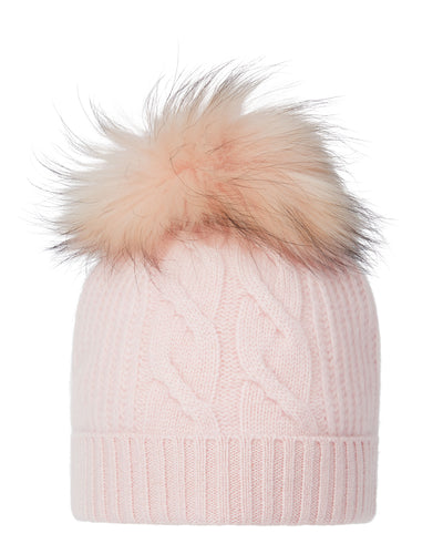 N.Peal Women's Cable Cashmere Hat With Fur Pom Quartz Pink
