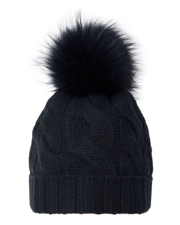 N.Peal Unisex Chunky Cable Cashmere Hat With Pom Navy Blue