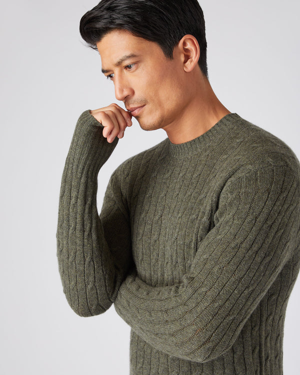 N.Peal Men's The Thames Cable Cashmere Jumper Moss Green