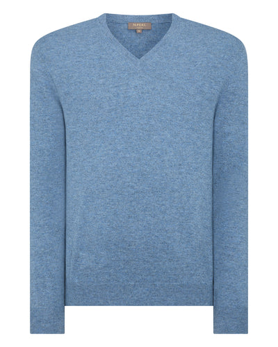 N.Peal Men's The Burlington V Neck Cashmere Jumper Faded Indigo Blue