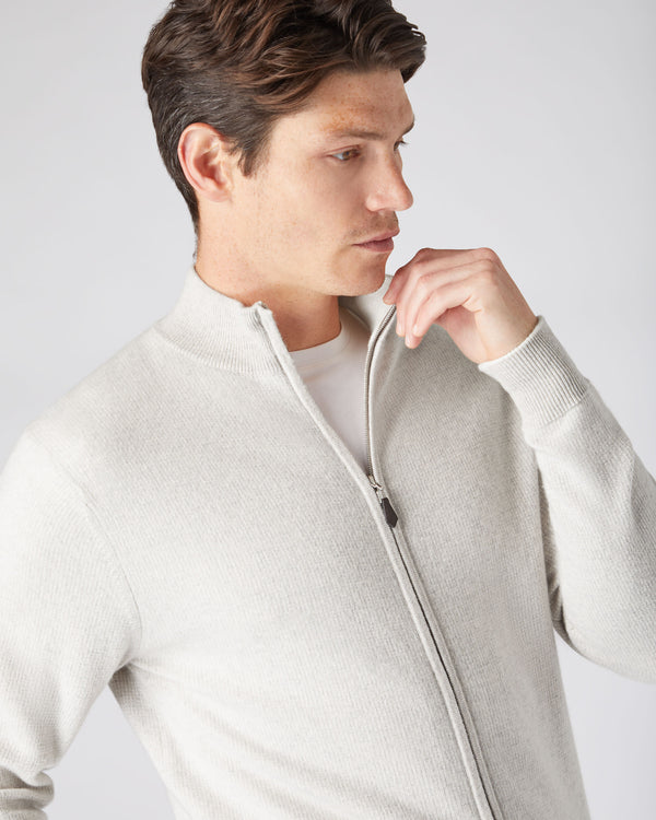 N.Peal Men's The Knightsbridge Zip Birdseye Cashmere Jumper Pebble Grey