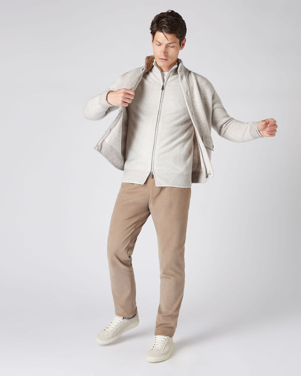 N.Peal Men's The Knightsbridge Zip Birdseye Cashmere Jumper Pebble Grey