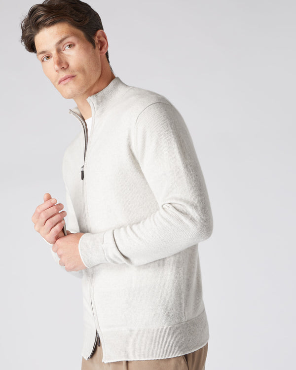 N.Peal Men's The Knightsbridge Zip Birdseye Cashmere Jumper Pebble Grey