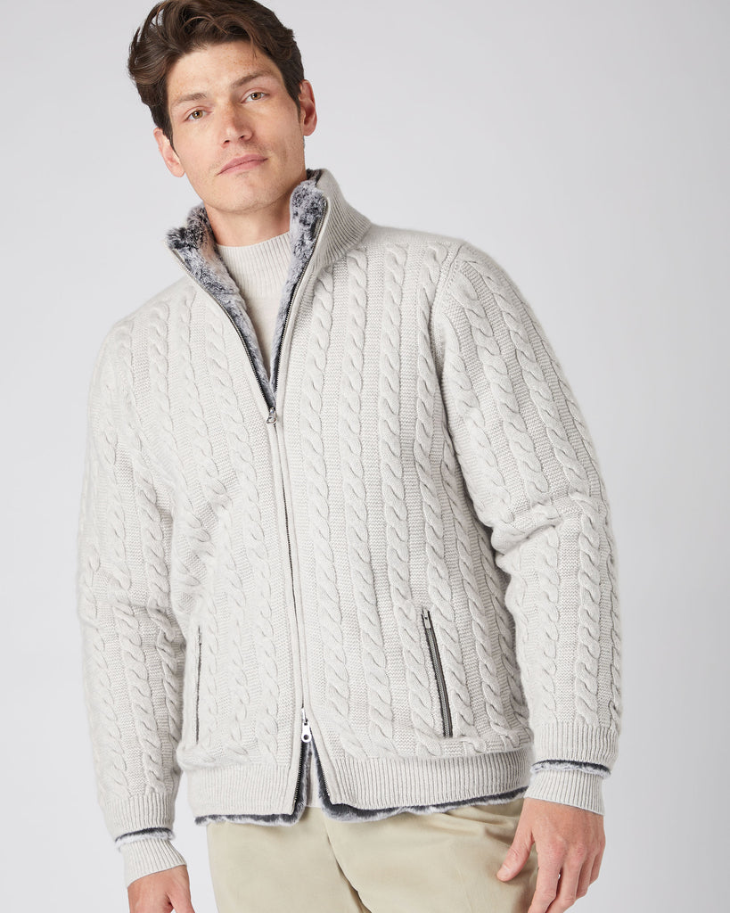 Men's Fur Lined Cable Cardigan Pebble Grey | N.Peal