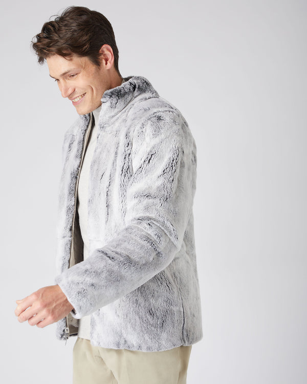 N.Peal Men's Fur Lined Cable Cardigan Pebble Grey