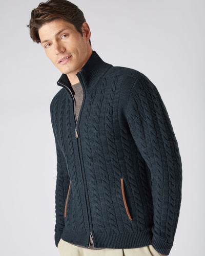 N.Peal Men's The Richmond Cable Cashmere Cardigan Grigio Blue