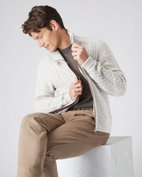 N.Peal Men's The Richmond Cable Cashmere Cardigan Pebble Grey