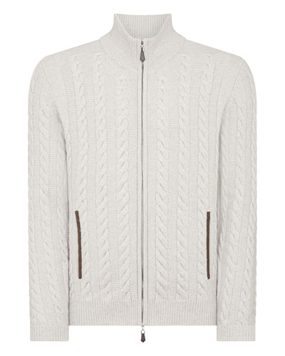N.Peal Men's The Richmond Cable Cashmere Cardigan Pebble Grey