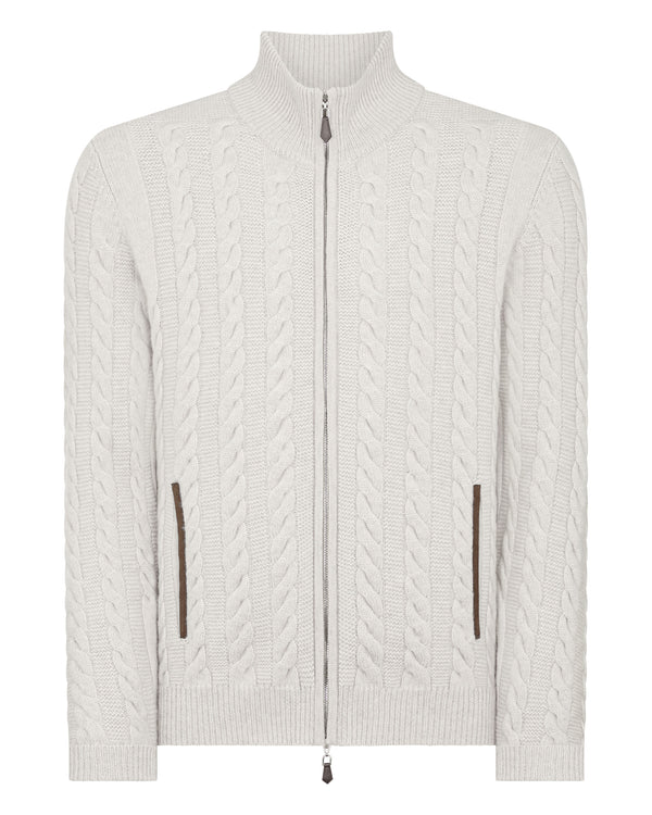 N.Peal Men's The Richmond Cable Cashmere Cardigan Pebble Grey